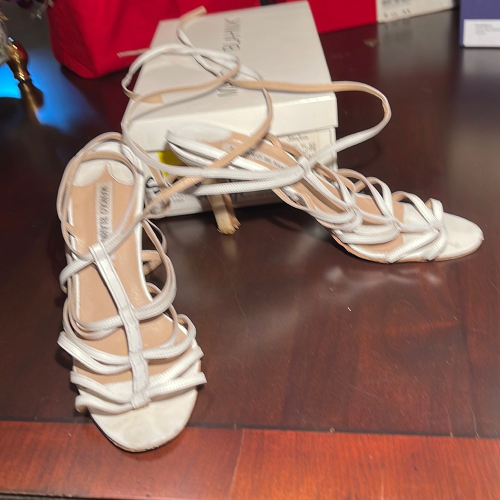 Manolo Blahnik White strappy heels, Leather with wooden heel. Size 7 1/2.